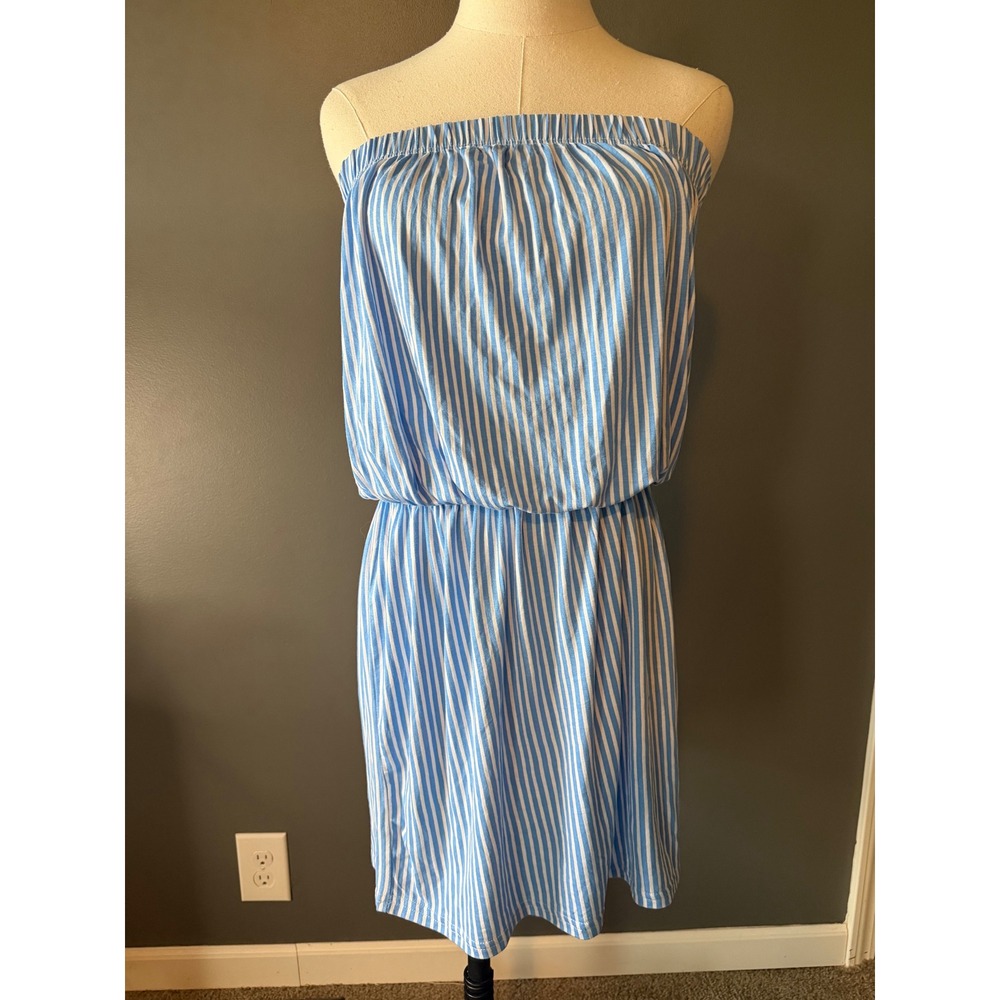 Outdoor Oasis Blue White Stripe Strapless Swim Cover Up Dress Medium NWT
